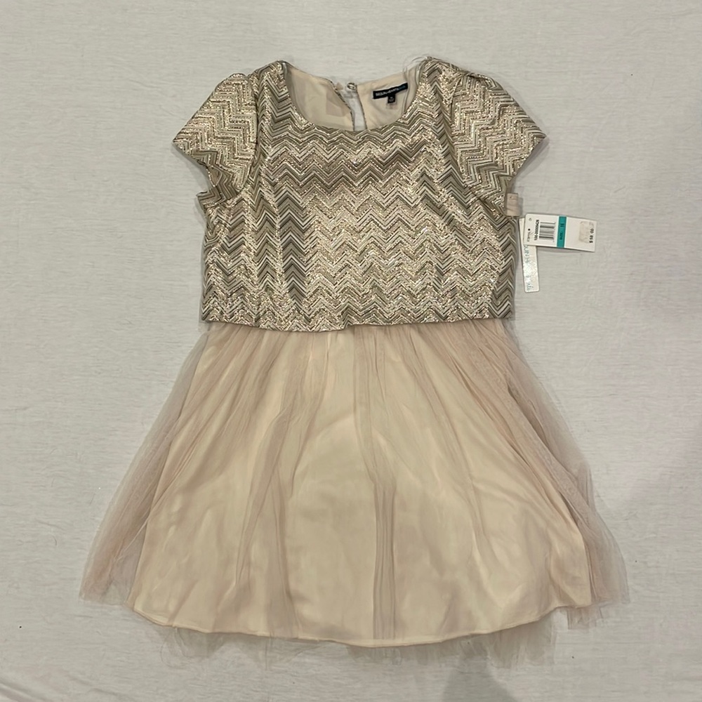 Sequin Hearts girls size 16 dress cream color and gold shimmer